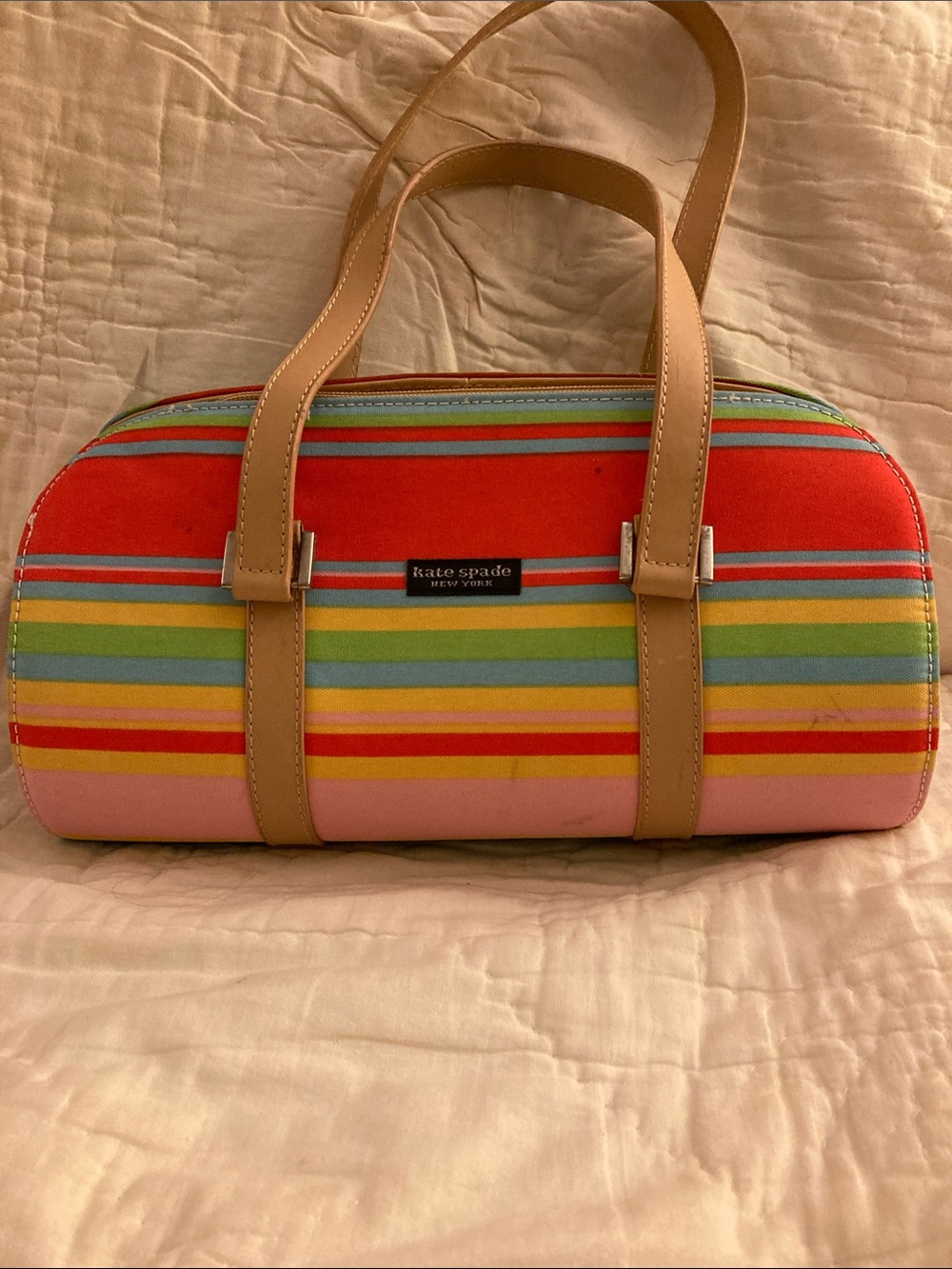 kate spade Multicolor Striped Barrel Satchel - Red, Pink, Yellow & Green
